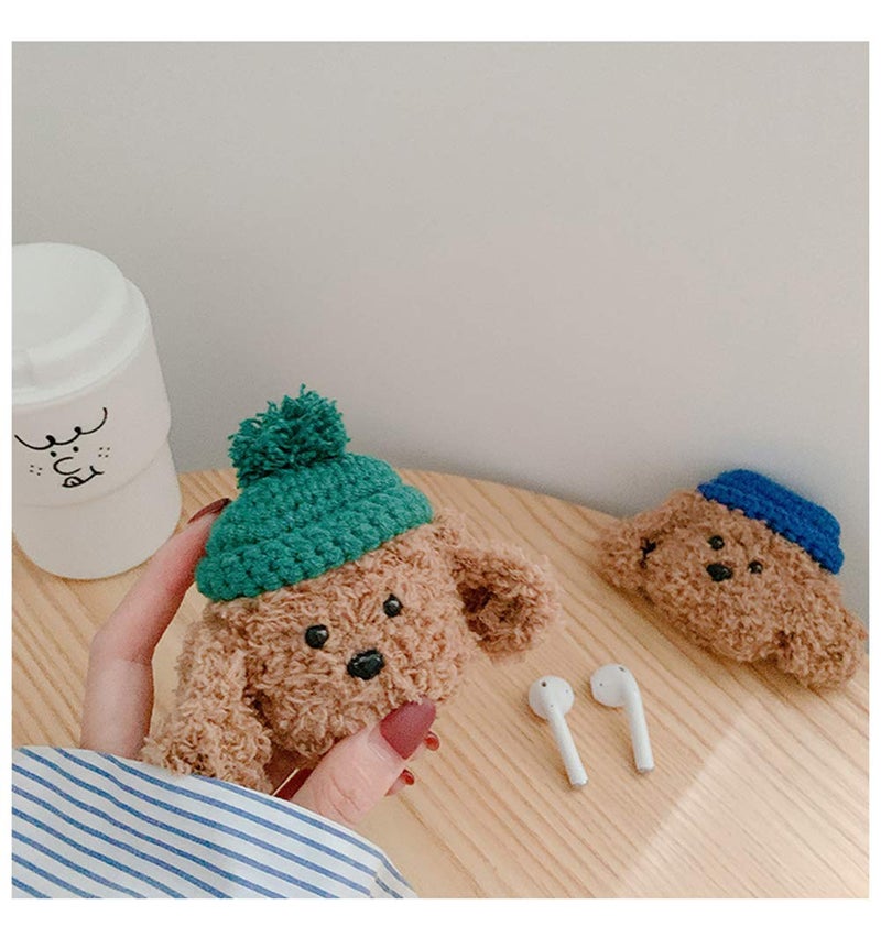 SGVAHY Furry Case for AirPods 1&2 Funny Cute 3D Cartoon Plush Design Teddy Green Ball Hat Soft Warm Fluffy Cover with Keychain Kawaii Anti-Fall Protective Case Women Girls - Image 5